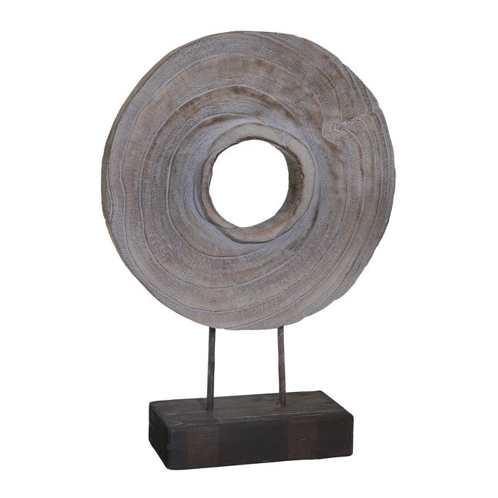 Wooden Doughnut Shaped Disk Table Top Decor with Stand Support, Gray