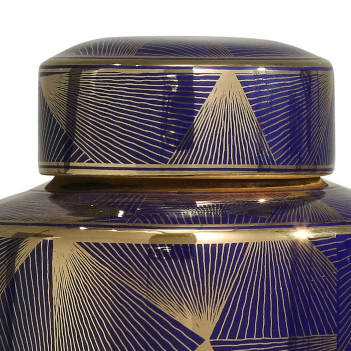 Contemporary Styled Ceramic Jar with Fine Patterns, Blue and Gold, Large