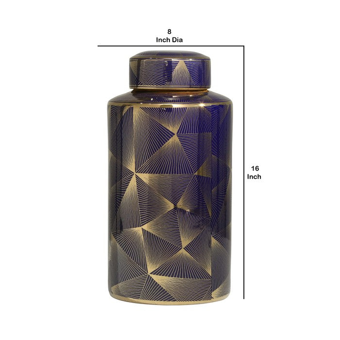 Contemporary Styled Ceramic Jar with Fine Patterns, Blue and Gold, Large