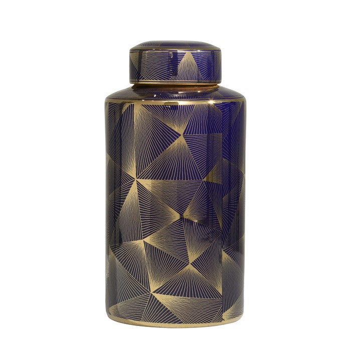 Contemporary Styled Ceramic Jar with Fine Patterns, Blue and Gold, Large