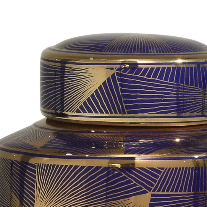 Contemporary Styled Ceramic Jar with Fine Patterns, Blue and Gold, Small