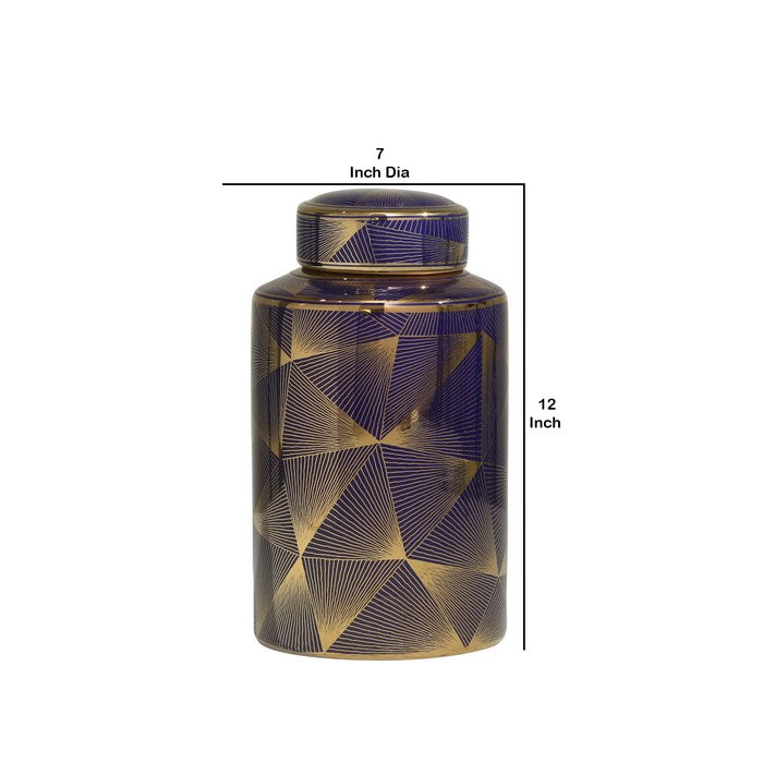 Contemporary Styled Ceramic Jar with Fine Patterns, Blue and Gold, Small