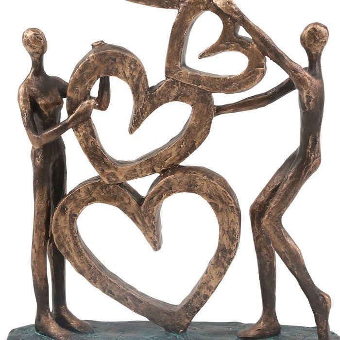 Polyresin Couple Figurine with Hearts and Solid Base, Bronze