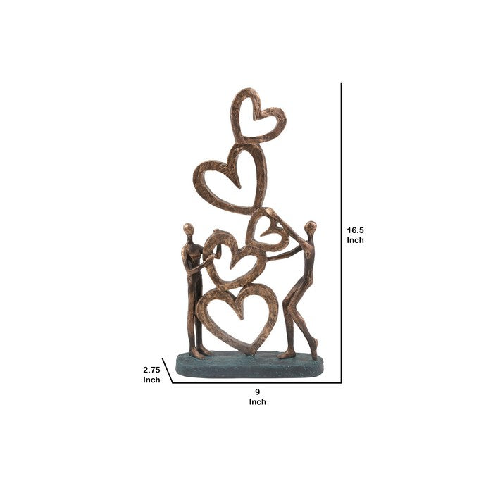 Polyresin Couple Figurine with Hearts and Solid Base, Bronze