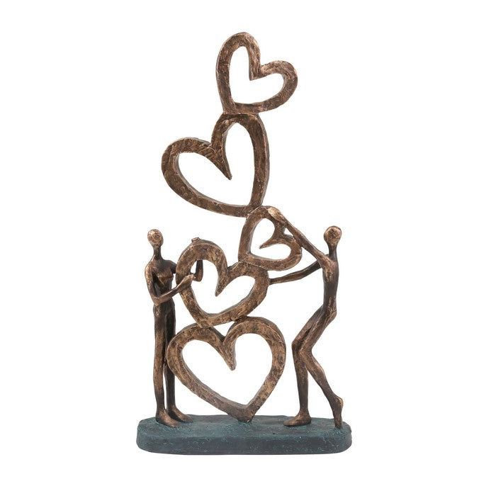 Polyresin Couple Figurine with Hearts and Solid Base, Bronze