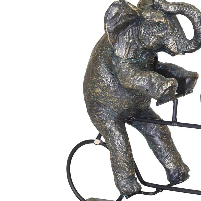 Polyresin Art Piece with Elephants And Tandem Bicycle, Bronze