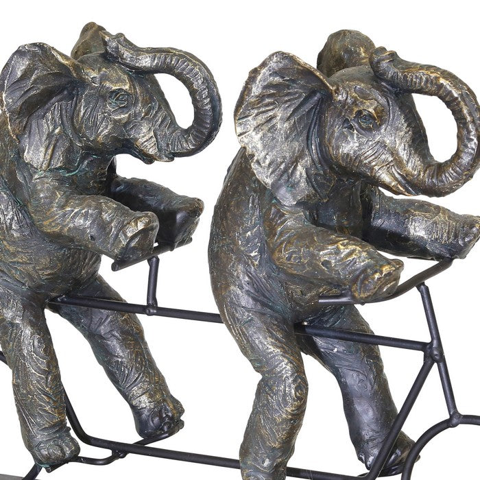Polyresin Art Piece with Elephants And Tandem Bicycle, Bronze