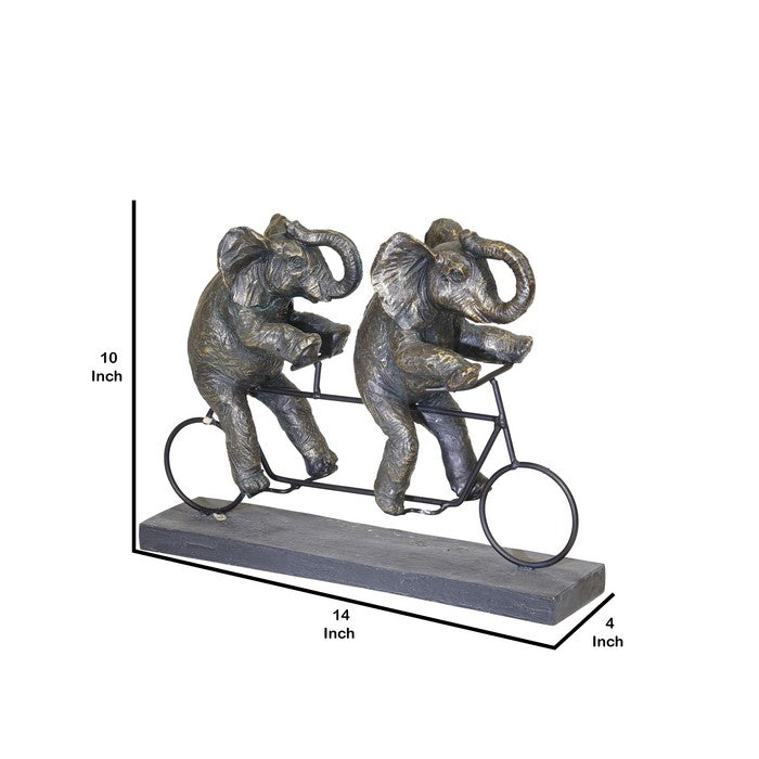 Polyresin Art Piece with Elephants And Tandem Bicycle, Bronze