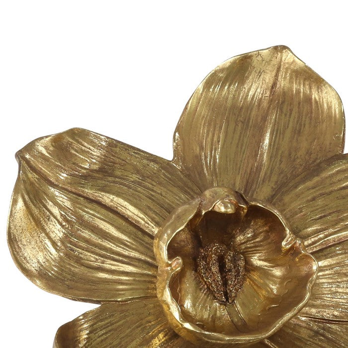 Polyresin Orchid Wall Hanging Decor with Prominent Anther, Small, Gold