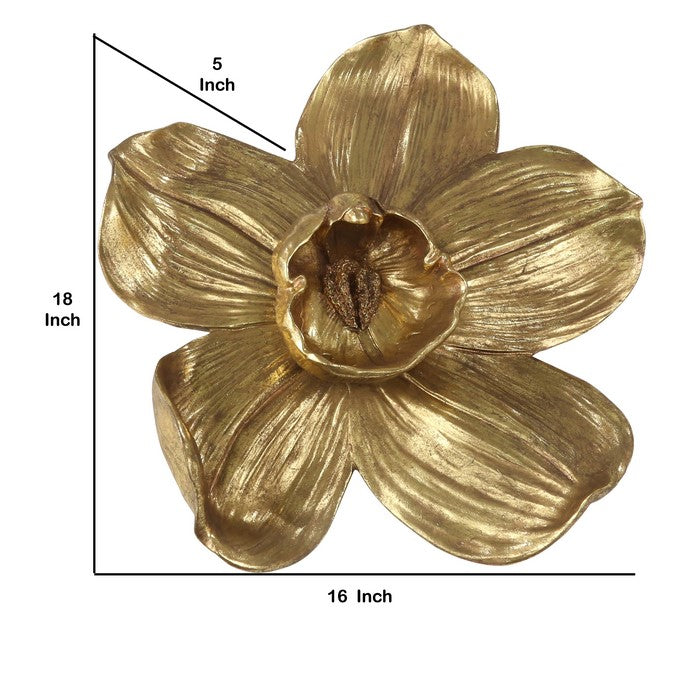 Polyresin Orchid Wall Hanging Decor with Prominent Anther, Small, Gold