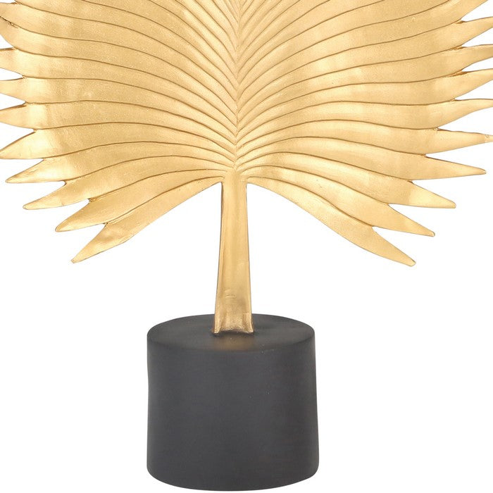 Polyresin Palm Leaf Decor Piece with Block Stand, Gold and Black