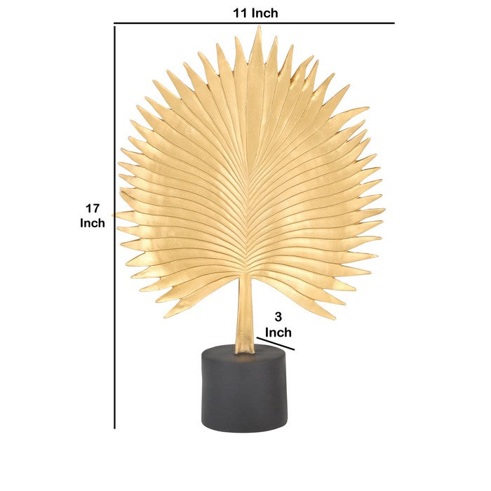 Polyresin Palm Leaf Decor Piece with Block Stand, Gold and Black