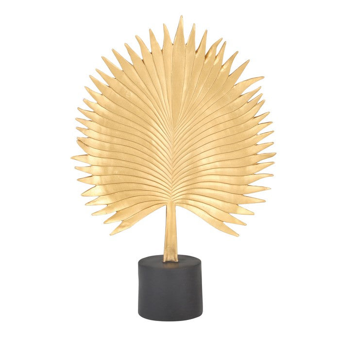 Polyresin Palm Leaf Decor Piece with Block Stand, Gold and Black