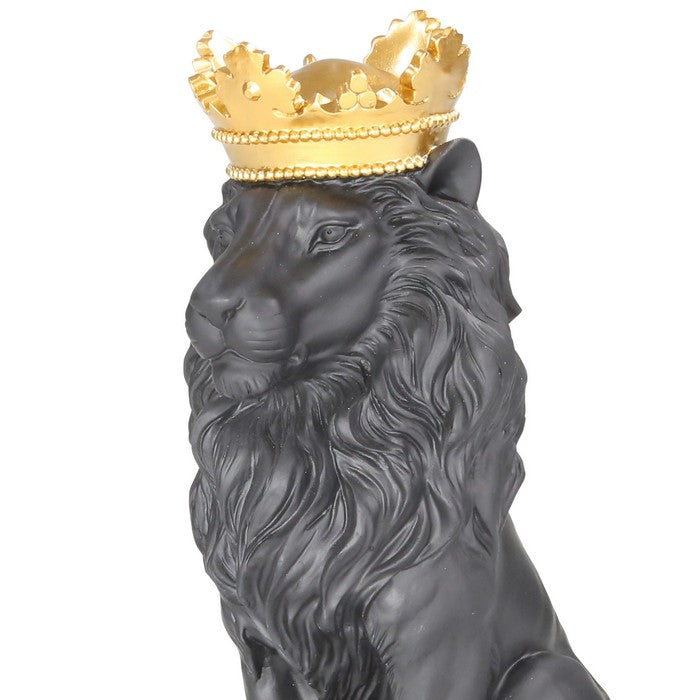 Polyresin Lion Figurine Decor with Crown and Block Base,Gold and Gray