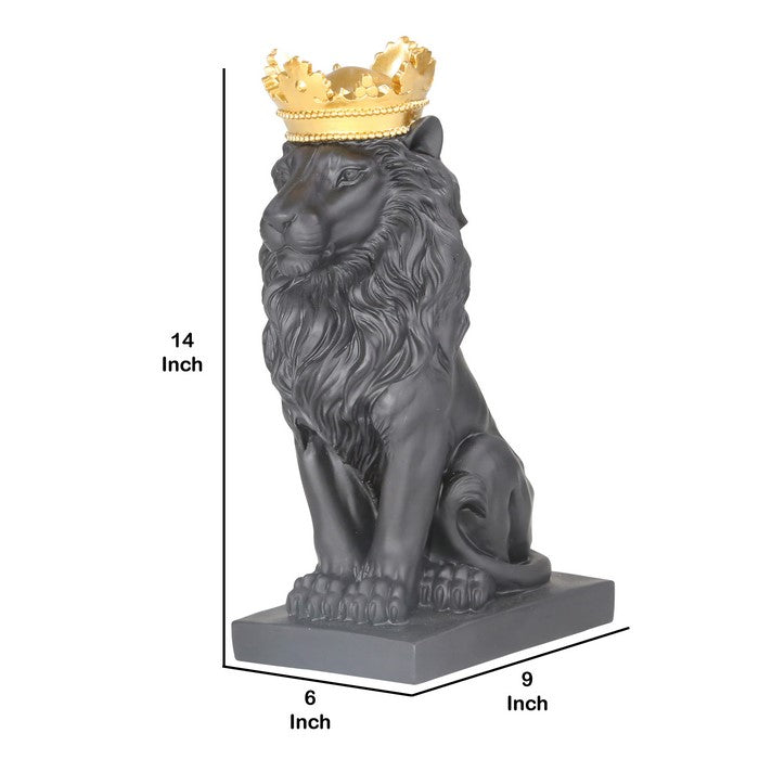 Polyresin Lion Figurine Decor with Crown and Block Base,Gold and Gray