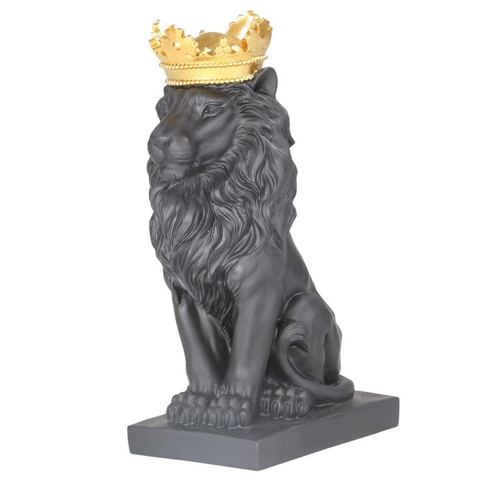 Polyresin Lion Figurine Decor with Crown and Block Base,Gold and Gray