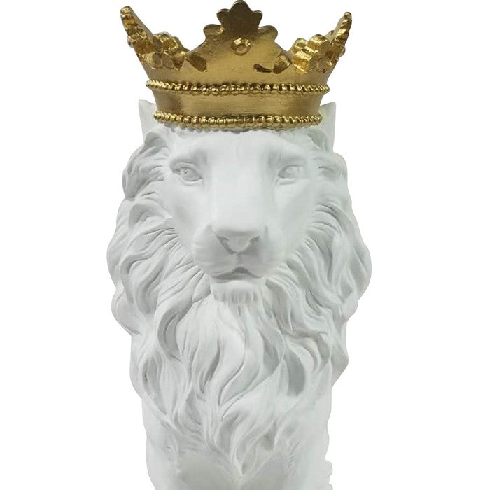 Polyresin Lion Figurine Decor with Crown and Block Base,Gold and White