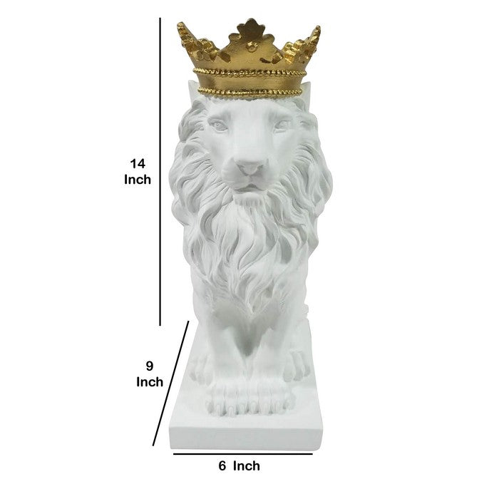 Polyresin Lion Figurine Decor with Crown and Block Base,Gold and White