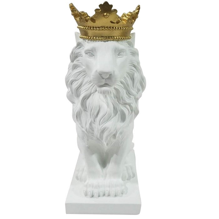 Polyresin Lion Figurine Decor with Crown and Block Base,Gold and White