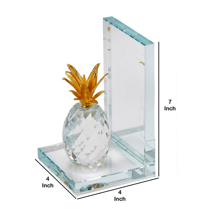 Glass Made Crystal Pineapple Bookend, Pair of 2, Gold and Clear