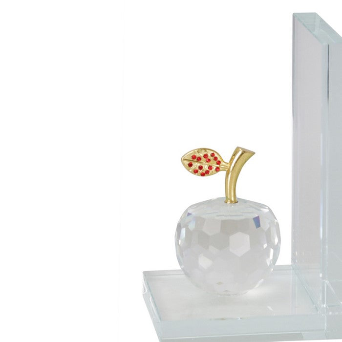 Glass Made Apple Statuette Bookend, Pair of 2, Clear and Gold
