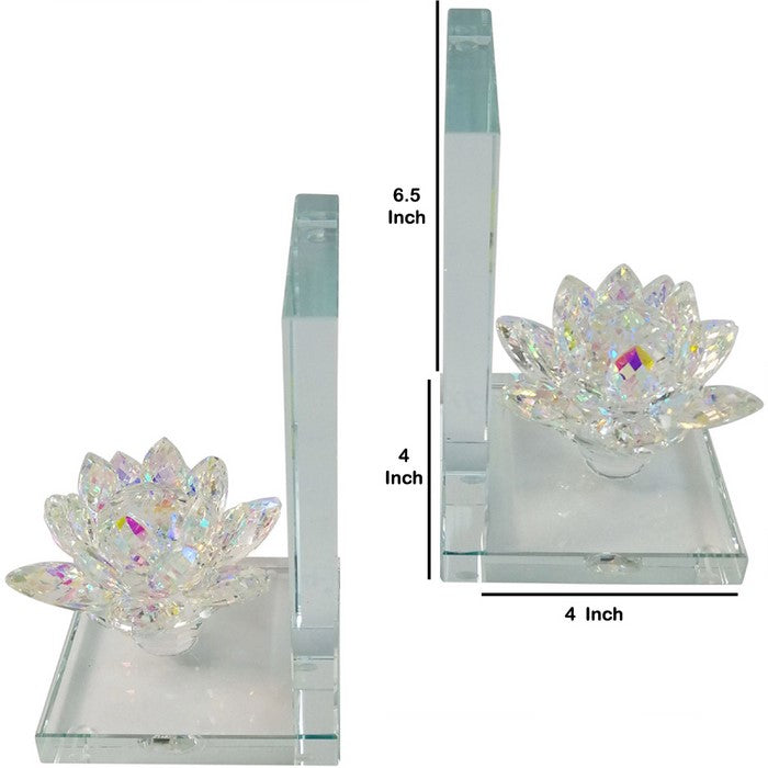 Glass Made Lotus Statuette Bookend, Pair of 2, Clear