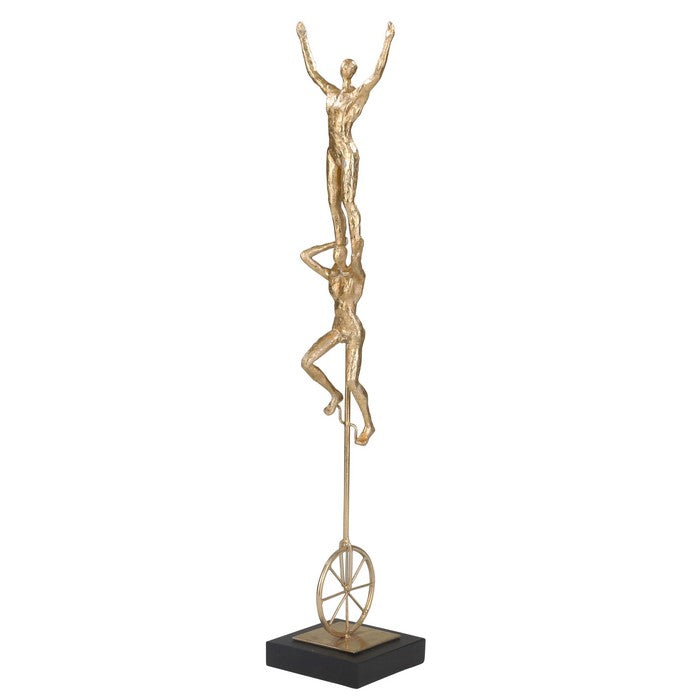 Polyresin Acrobat Duo Statuette with Unicycle and Block Base, Gold