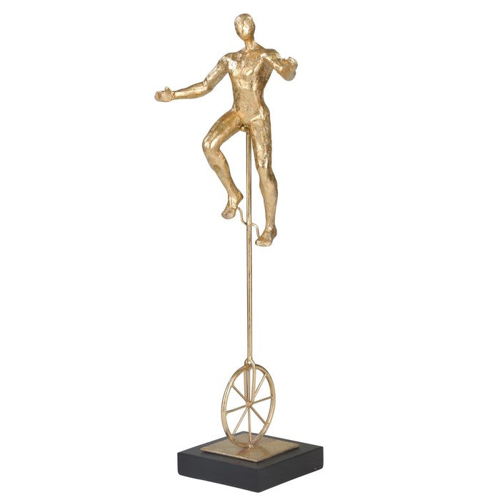 Polyresin Acrobat Statuette with Unicycle and Block Base, Gold