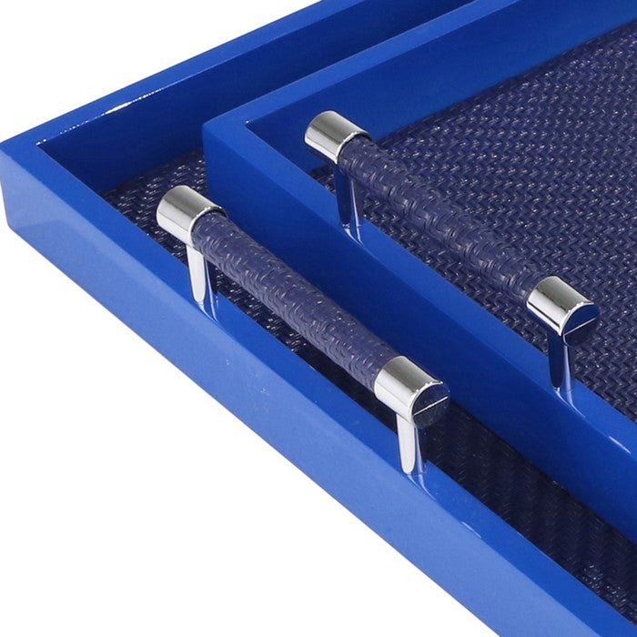 Rectangular Wooden Tray with Leatherette Base, Set of 2, Navy Blue