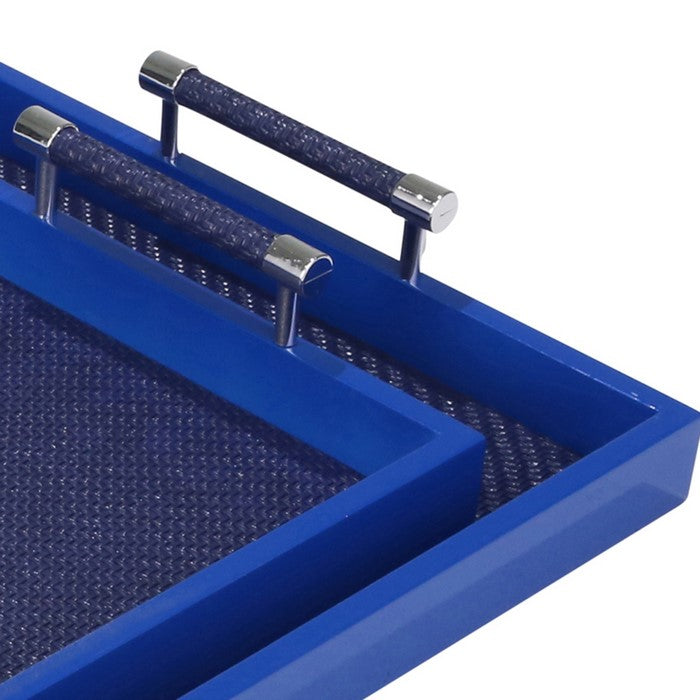 Rectangular Wooden Tray with Leatherette Base, Set of 2, Navy Blue