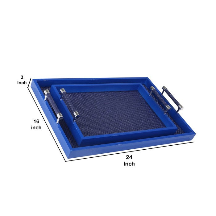 Rectangular Wooden Tray with Leatherette Base, Set of 2, Navy Blue