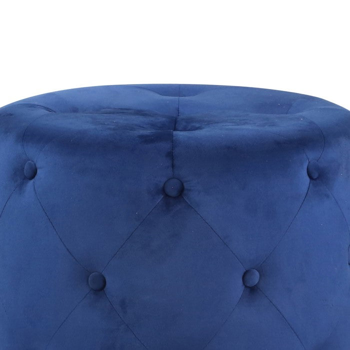 Fabric Upholstered Tufted Ottoman with Metal Base, Navy Blue and Gold