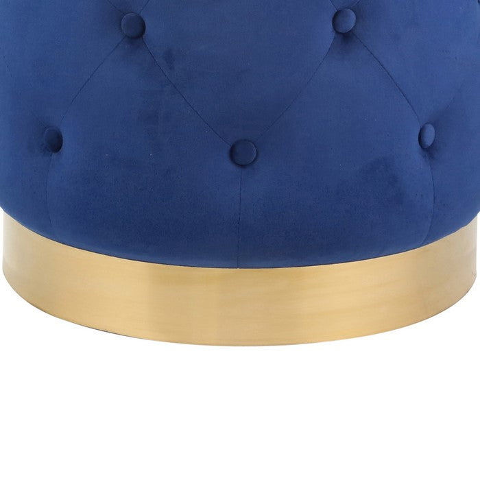 Fabric Upholstered Tufted Ottoman with Metal Base, Navy Blue and Gold