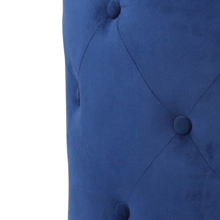 Fabric Upholstered Tufted Ottoman with Metal Base, Navy Blue and Gold