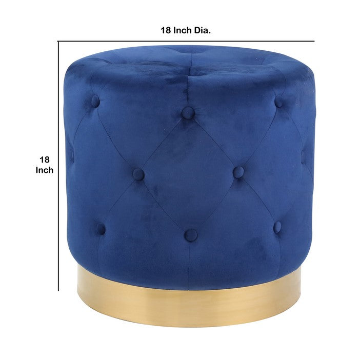 Fabric Upholstered Tufted Ottoman with Metal Base, Navy Blue and Gold