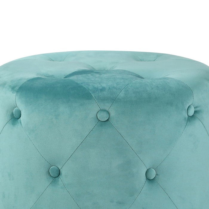 Fabric Upholstered Tufted Ottoman with Metal Base, Teal Blue and Gold