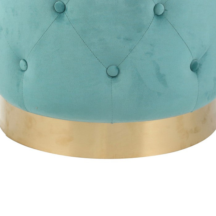 Fabric Upholstered Tufted Ottoman with Metal Base, Teal Blue and Gold