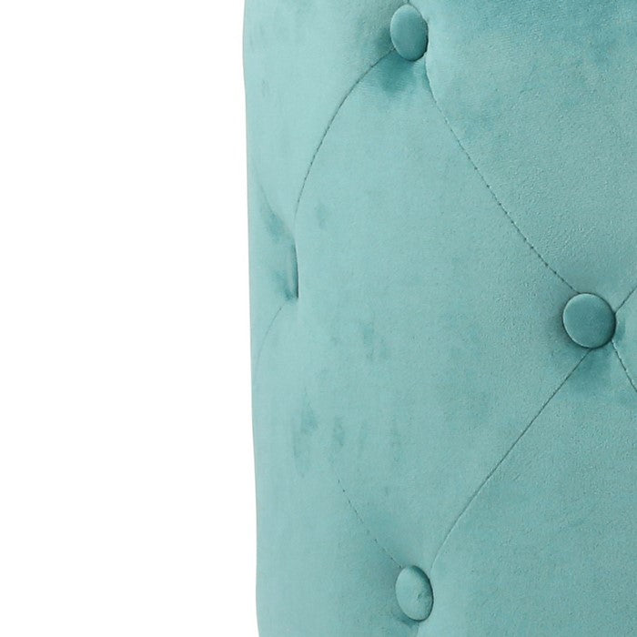 Fabric Upholstered Tufted Ottoman with Metal Base, Teal Blue and Gold
