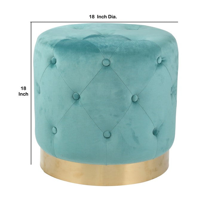 Fabric Upholstered Tufted Ottoman with Metal Base, Teal Blue and Gold