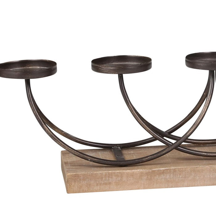 5 Arm Curled Metal Candelabra with Stable Wooden Base,Brown and Bronze