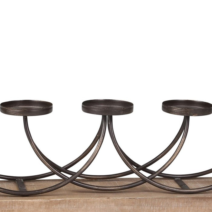 5 Arm Curled Metal Candelabra with Stable Wooden Base,Brown and Bronze