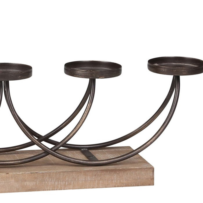 5 Arm Curled Metal Candelabra with Stable Wooden Base,Brown and Bronze