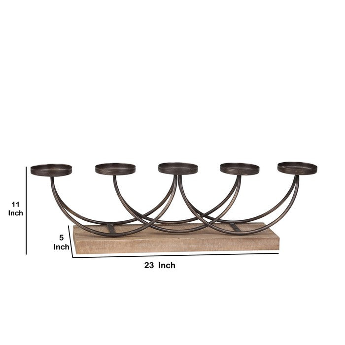 5 Arm Curled Metal Candelabra with Stable Wooden Base,Brown and Bronze