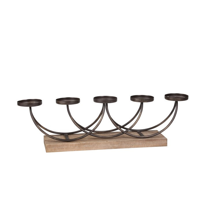 5 Arm Curled Metal Candelabra with Stable Wooden Base,Brown and Bronze