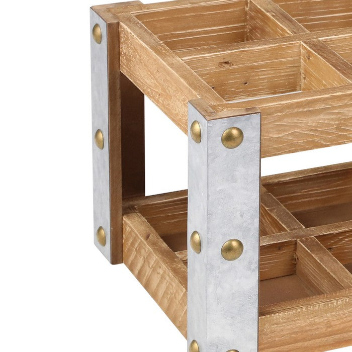 Rectangular Metal 8 Bottle Wooden Wine Rack, Brown and Silver