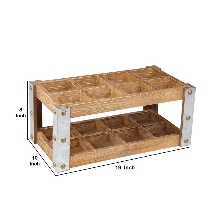 Rectangular Metal 8 Bottle Wooden Wine Rack, Brown and Silver