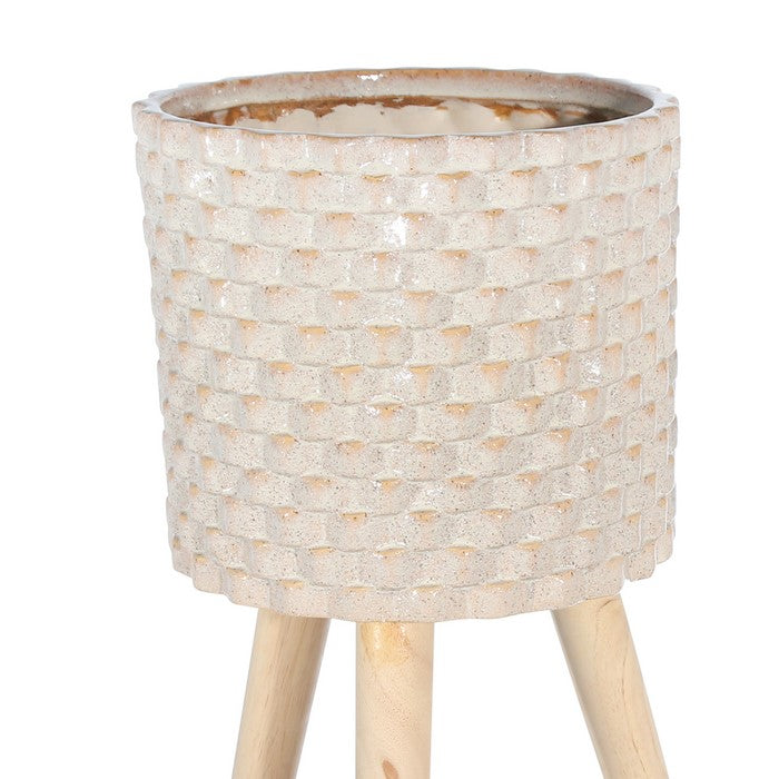 Textured Ceramic Planter with Tripod Legs, Set of 2, Cream and Brown