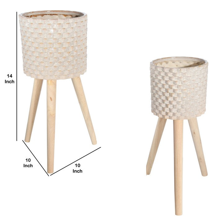 Textured Ceramic Planter with Tripod Legs, Set of 2, Cream and Brown