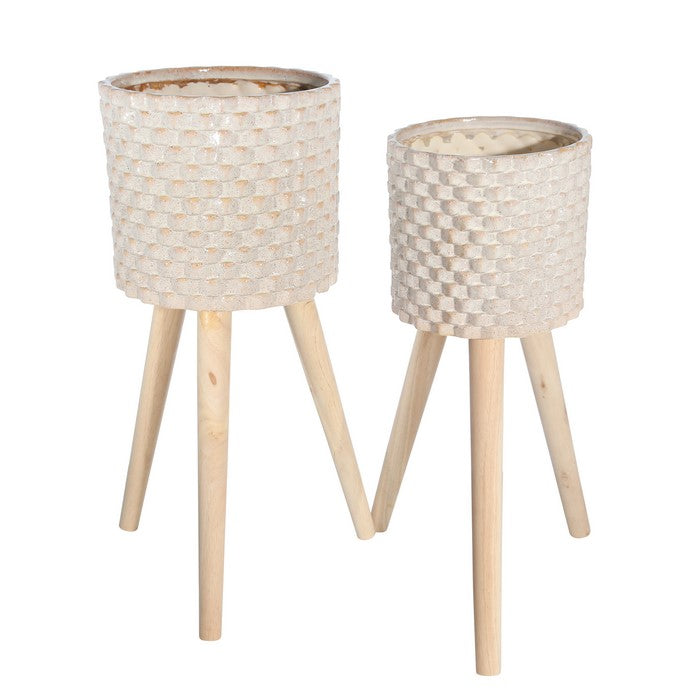 Textured Ceramic Planter with Tripod Legs, Set of 2, Cream and Brown