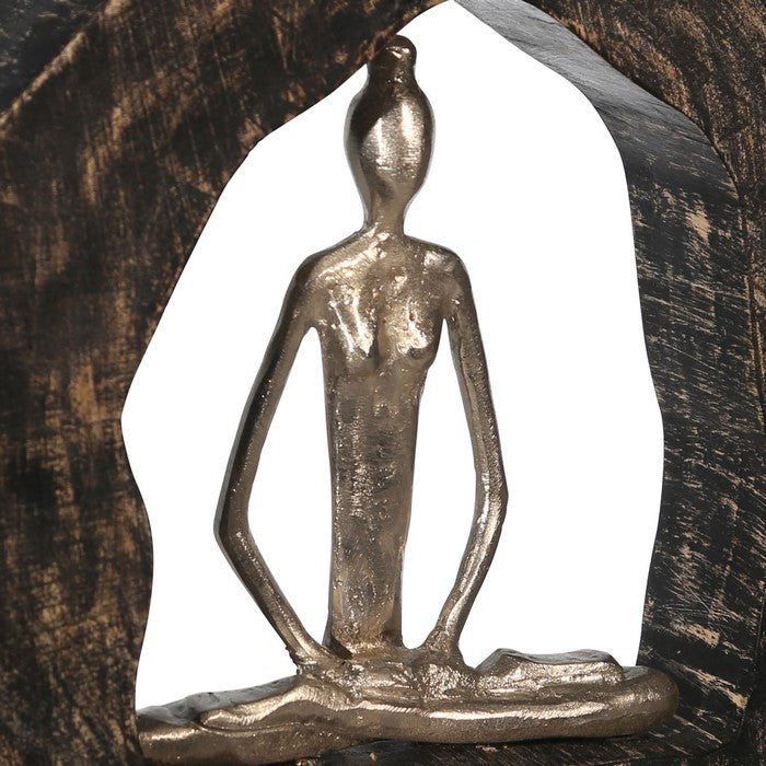 Siddhasana Pose Lady Figurine in Metal Circle, Brown and Silver
